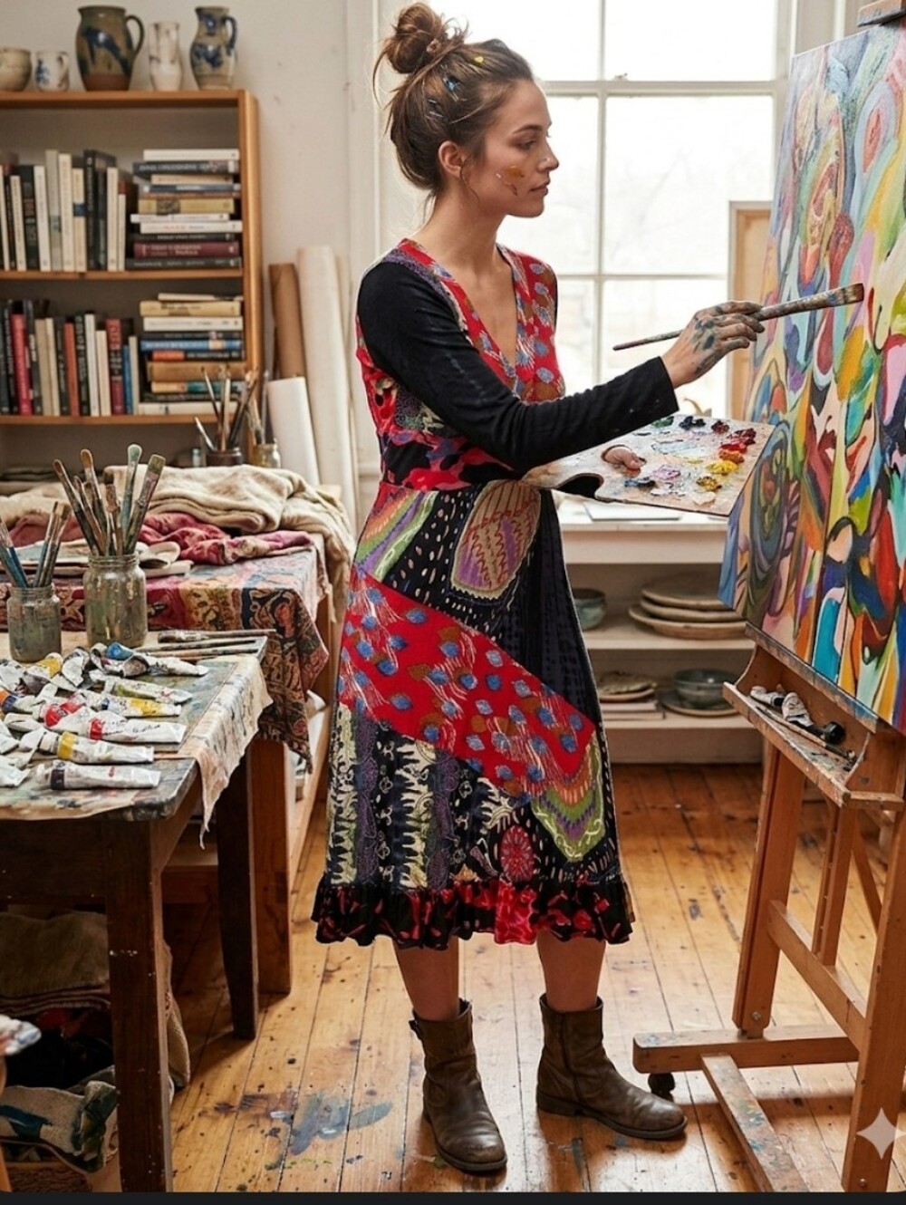 Bright patch pattern midi dress S V neck Fashion Fuse pullover